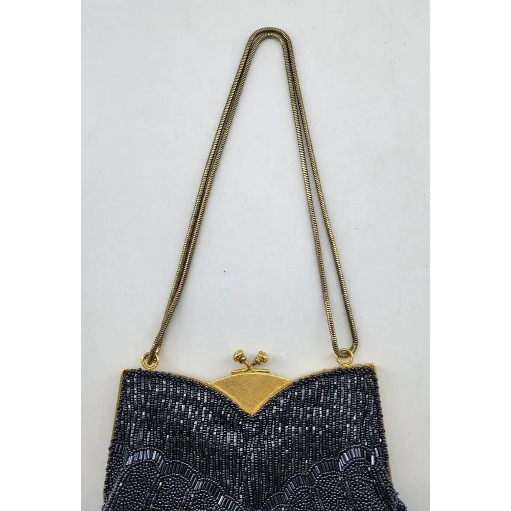 Vintage Ed B Robinson Beaded‎ Handbag Clutch with Gold Strap Small Purse Blue